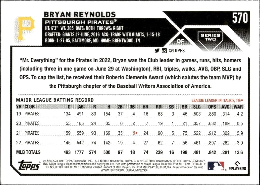 2023 Topps Series 2 Bryan Reynolds #570 baseball trading card back