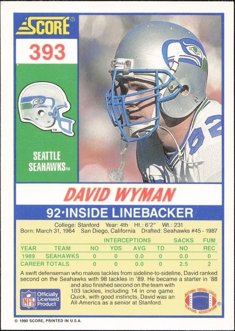 1990 Score David Wyman #393 football trading card back