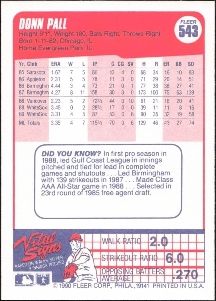 1990 Fleer Donn Pall #543 baseball trading card back
