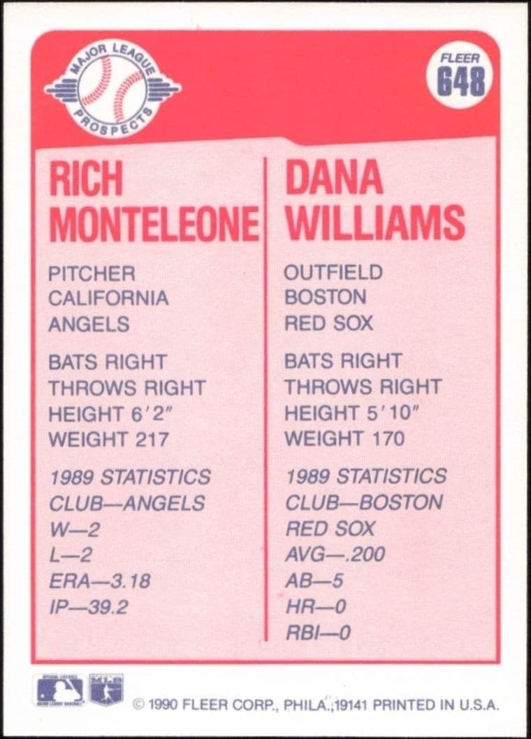1990 Fleer Rich Monteleone #648 baseball trading card back