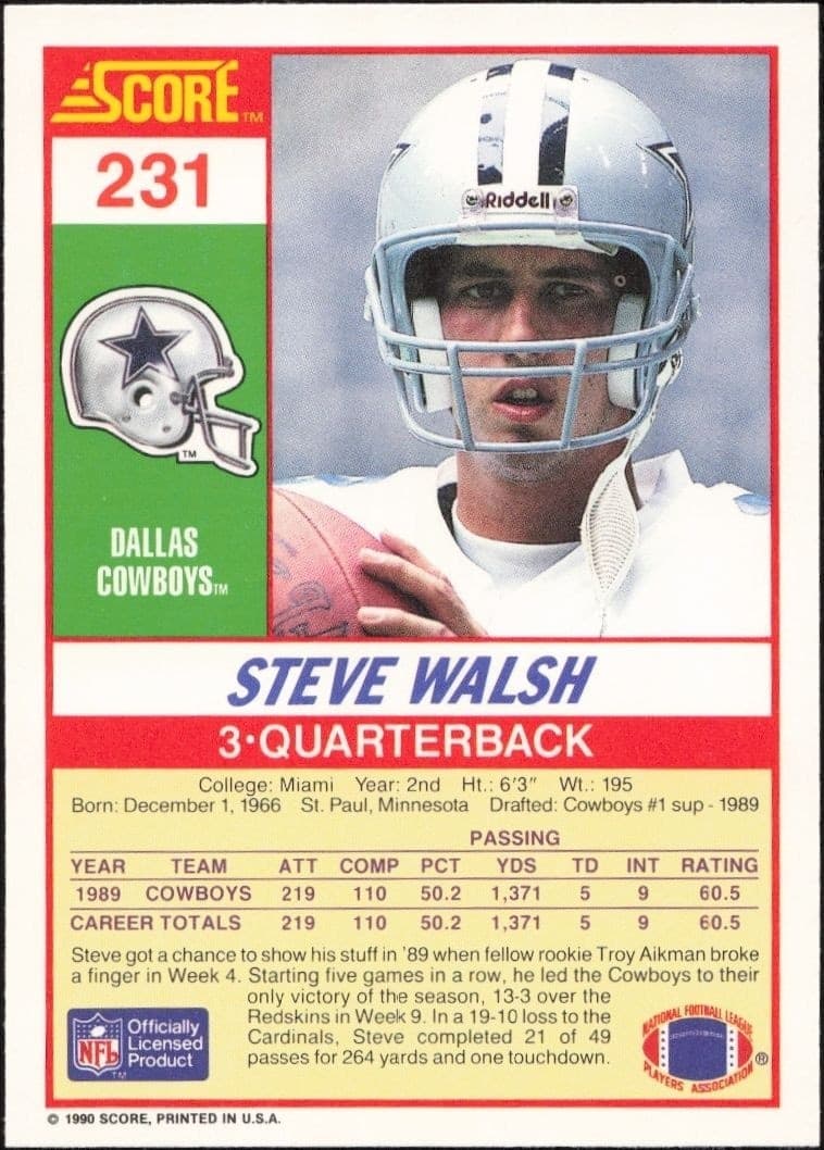 1990 Score Steve Walsh #231 football trading card back