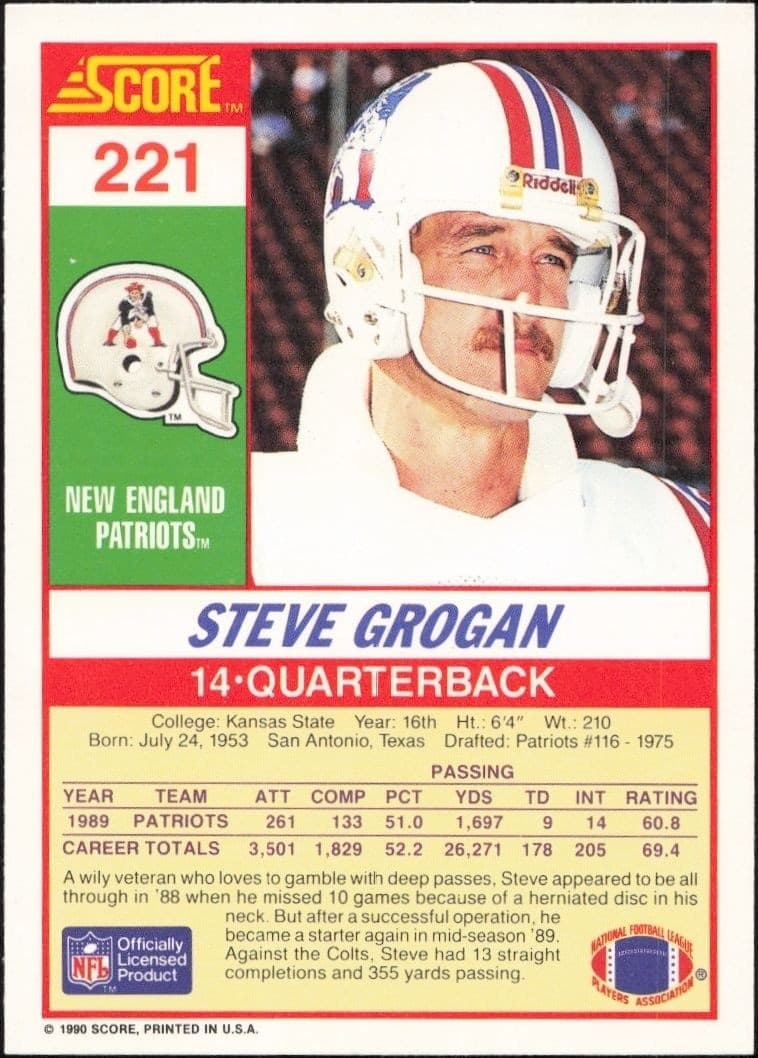 1990 Score Steve Grogan #221 football trading card back