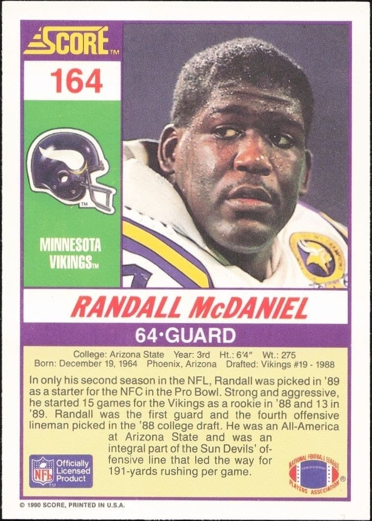 1990 Score Randall McDaniel #164 football trading card back