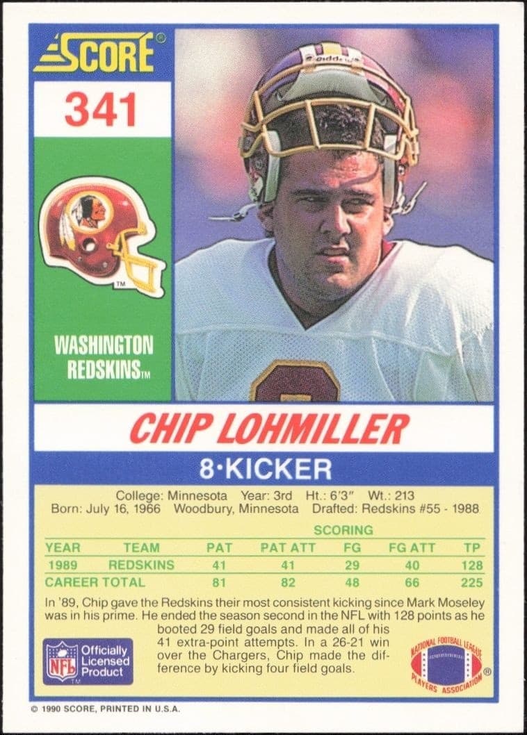 1990 Score Chip Lohmiller #341 football trading card back