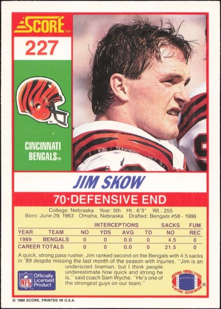 1990 Score Jim Skow #227 football trading card back