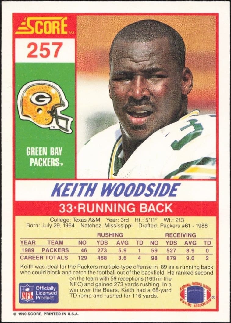 1990 Score Keith Woodside #257 football trading card back