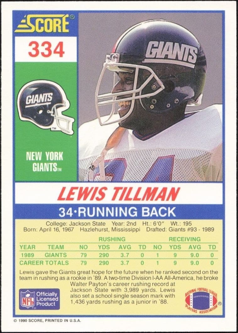1990 Score Lewis Tillman #334 football trading card back