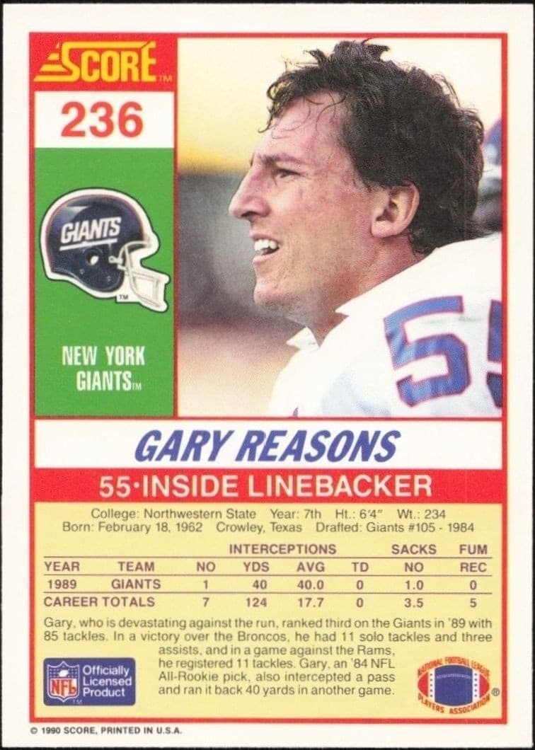 1990 Score Gary Reasons #236 football trading card back