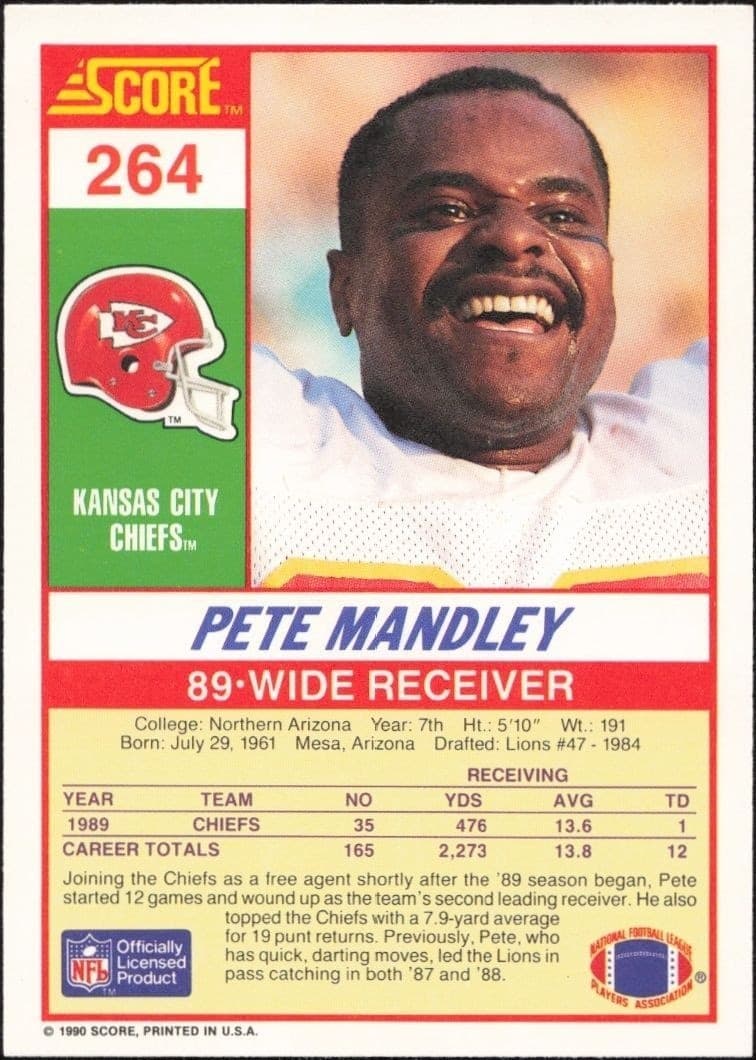 1990 Score Pete Mandley #264 football trading card back