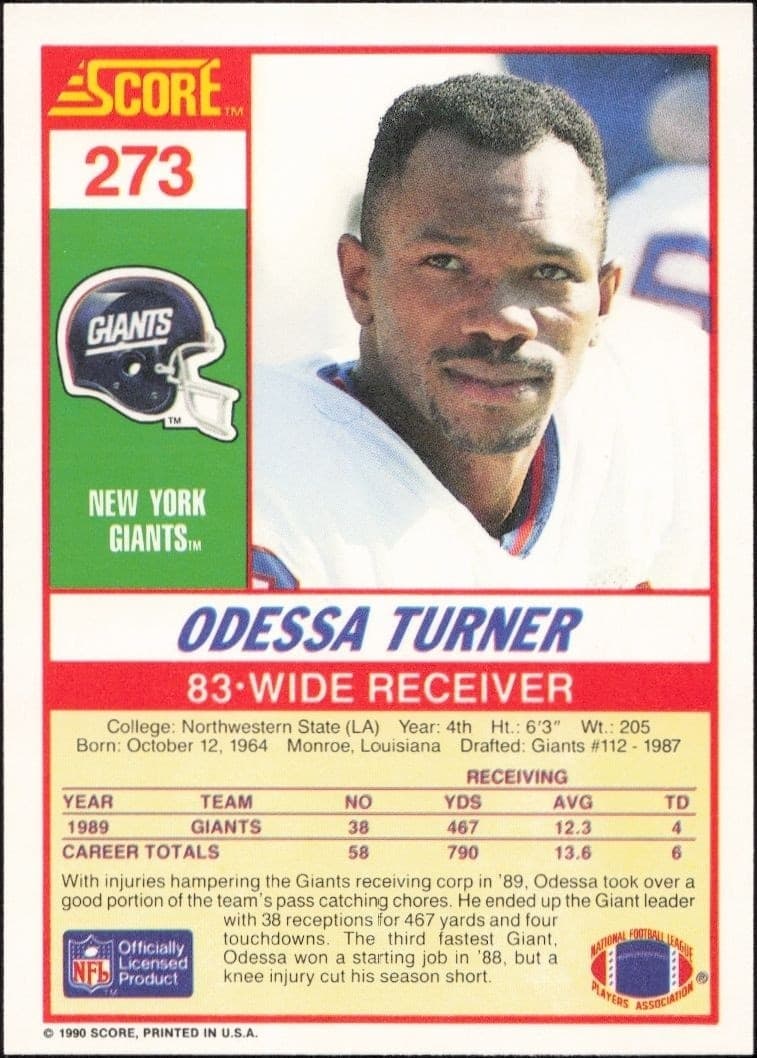 1990 Score Odessa Turner #273 football trading card back