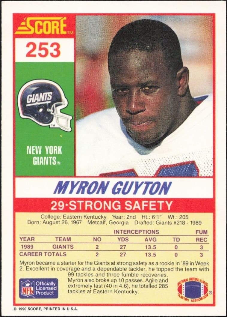 1990 Score Myron Guyton #253 football trading card back