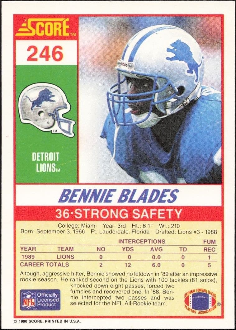 1990 Score Bennie Blades #246 football trading card back