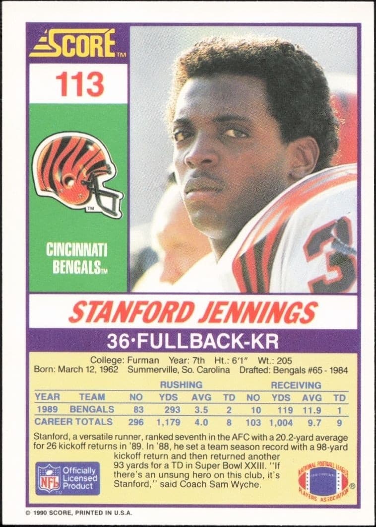 1990 Score Stanford Jennings #113 football trading card back