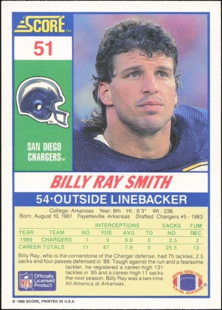 1990 Score Billy Ray Smith #51 football trading card back