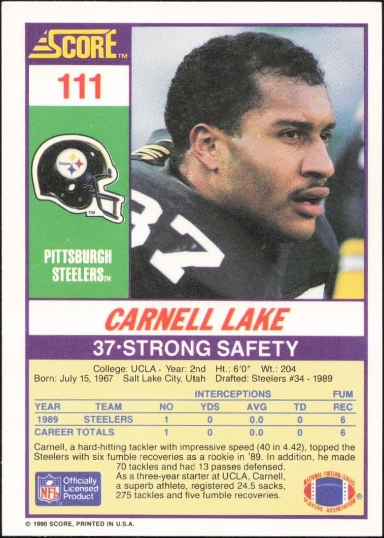 1990 Score Carnell Lake #111 football trading card back