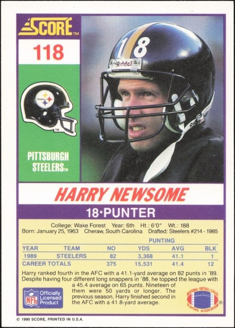 1990 Score Harry Newsome #118 football trading card back