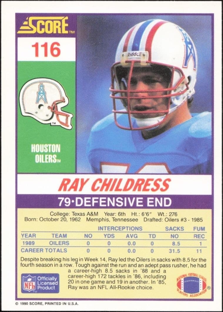 1990 Score Ray Childress #116 football trading card back