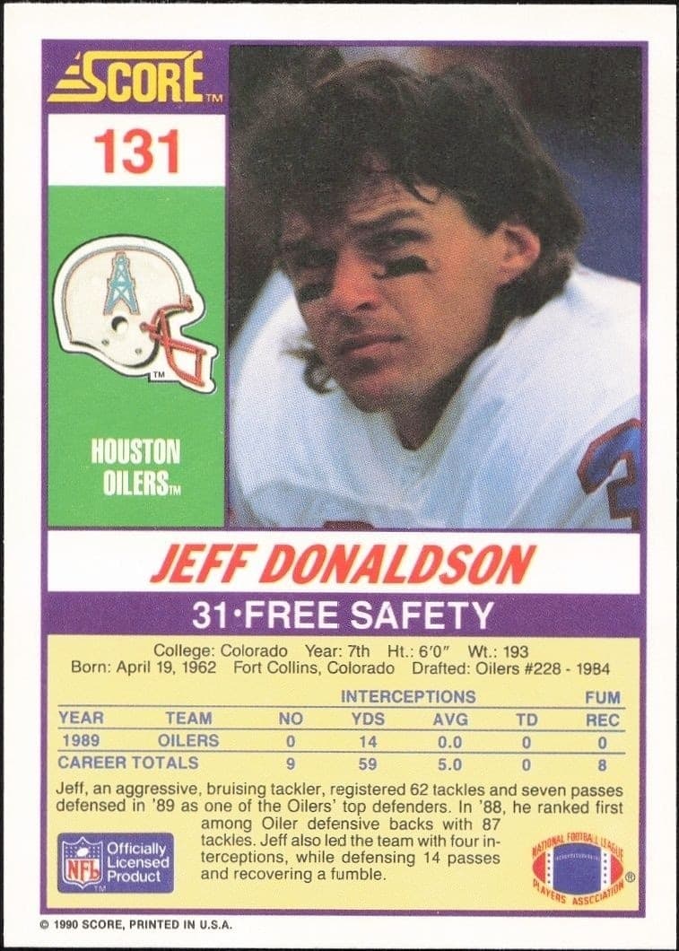 1990 Score Jeff Donaldson #131 football trading card back