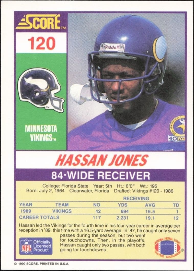 1990 Score Hassan Jones #120 football trading card back