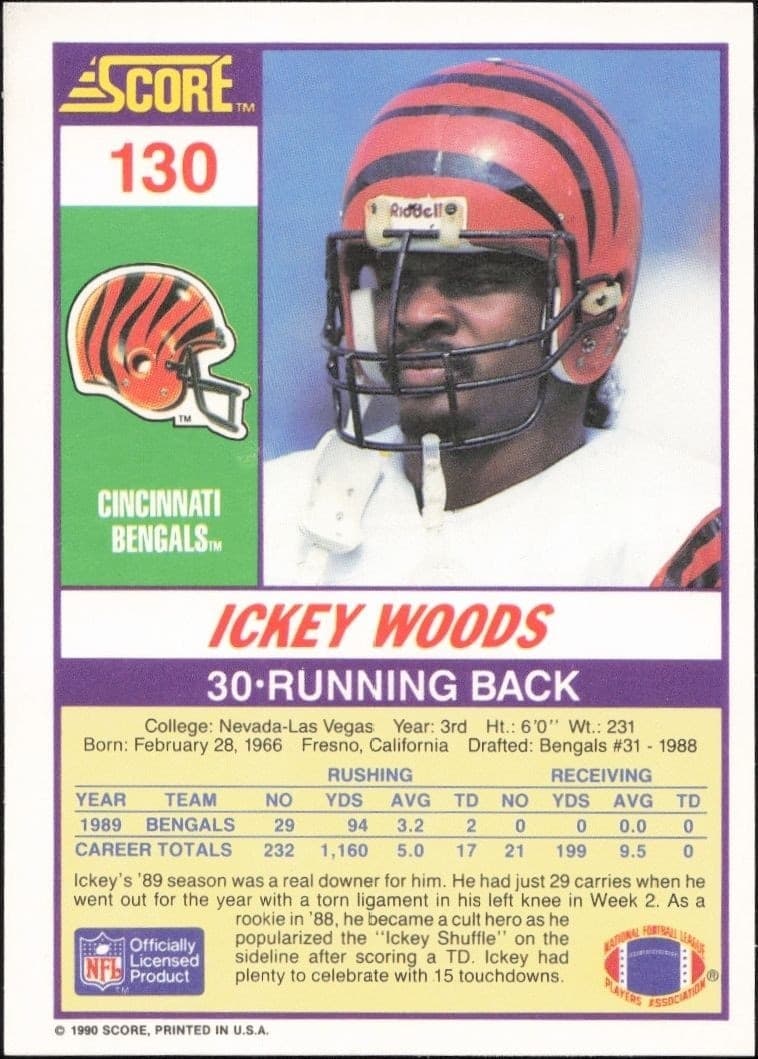 1990 Score Ickey Woods #130 football trading card back