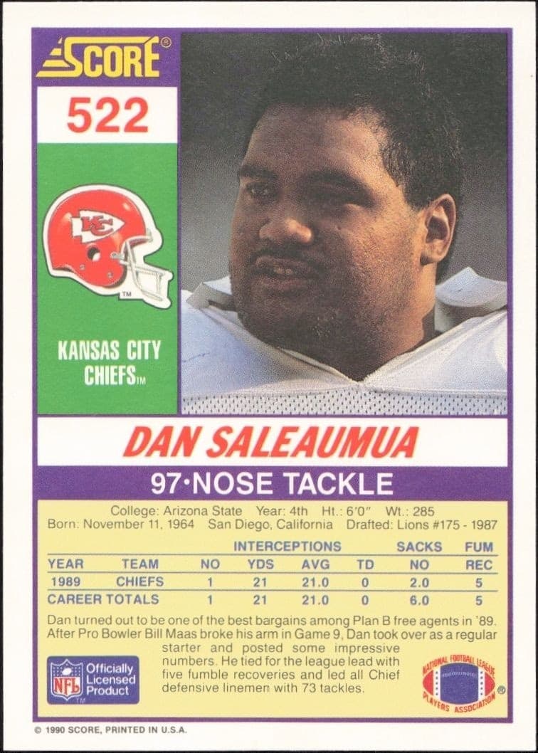 1990 Score Dan Saleaumua #522 football trading card back