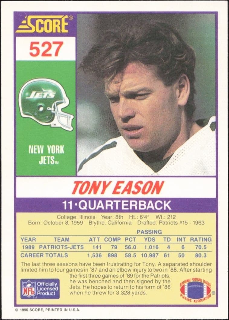 1990 Score Tony Eason #527 football trading card back
