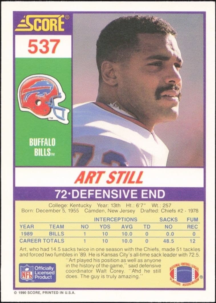 1990 Score Art Still #537 football trading card back