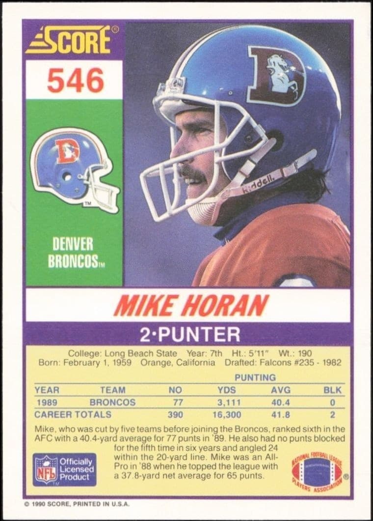 1990 Score Mike Horan #546 football trading card back