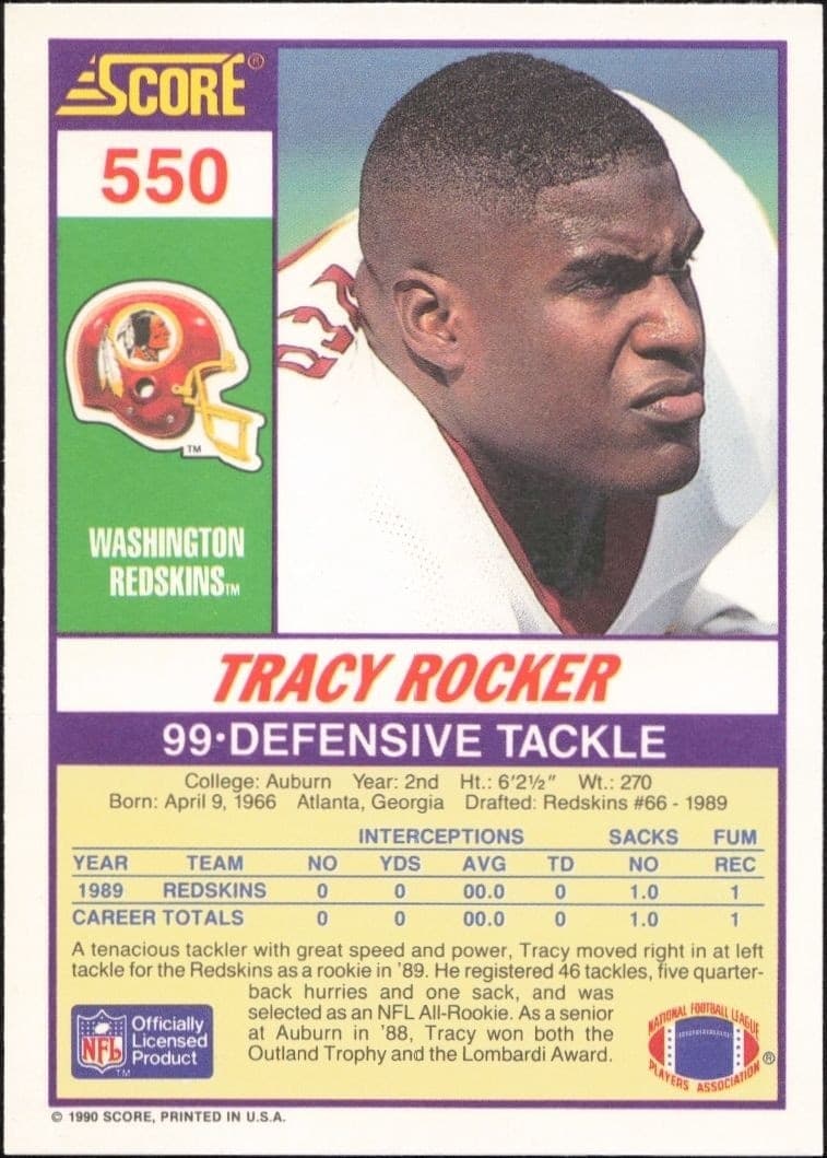 1990 Score Tracy Rocker #550 football trading card back
