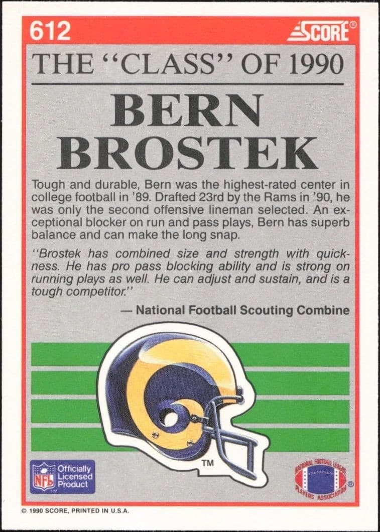 1990 Score Bern Brostek #612 football trading card back