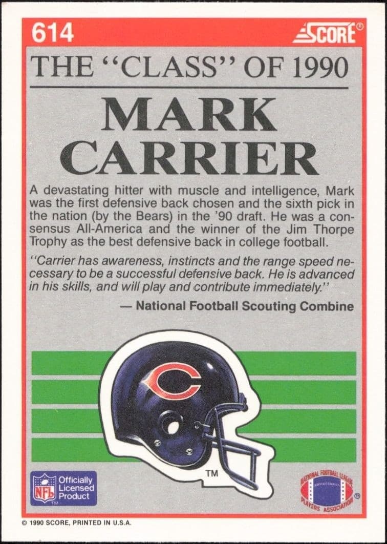 1990 Score Mark Carrier #614 football trading card back