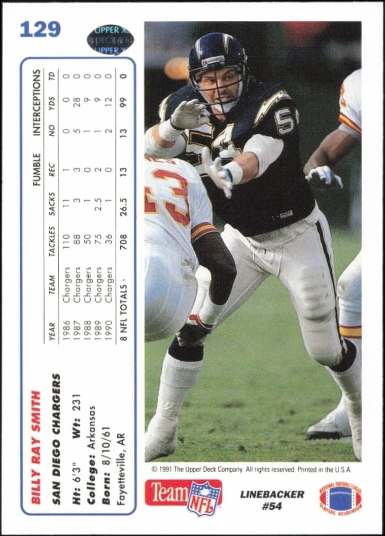 1991 Upper Deck Billy Ray Smith #129 football trading card back