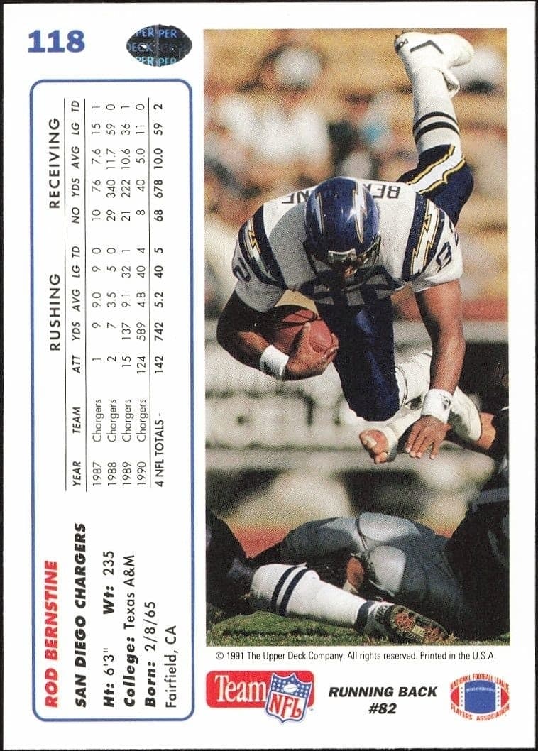 1991 Upper Deck Rod Bernstine #118 football trading card back