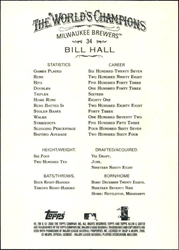 2008 Topps Allen & Ginter Bill Hall #34 baseball trading card back