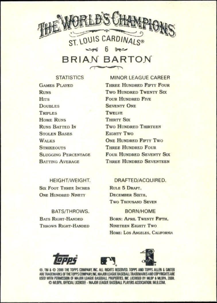 2008 Topps Allen & Ginter Brian Barton #6 baseball trading card back