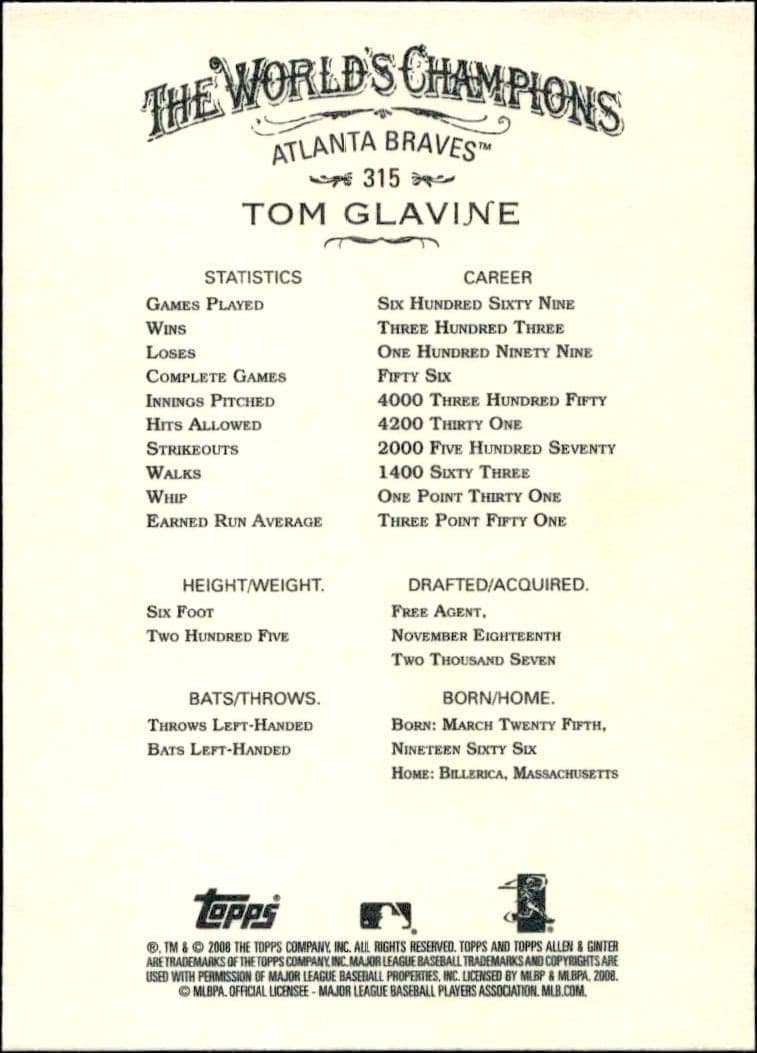 2008 Topps Allen & Ginter Tom Glavine #315 baseball trading card back