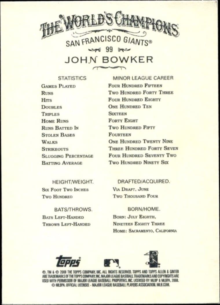 2008 Topps Allen & Ginter John Bowker #99 baseball trading card back