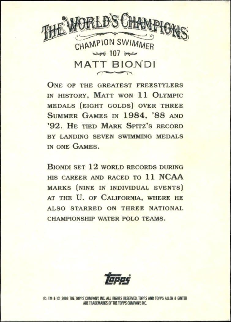 2008 Topps Allen & Ginter Matt Biondi #107 baseball trading card back