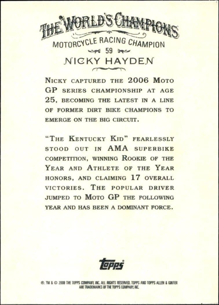 2008 Topps Allen & Ginter Nicky Hayden #59 baseball trading card back