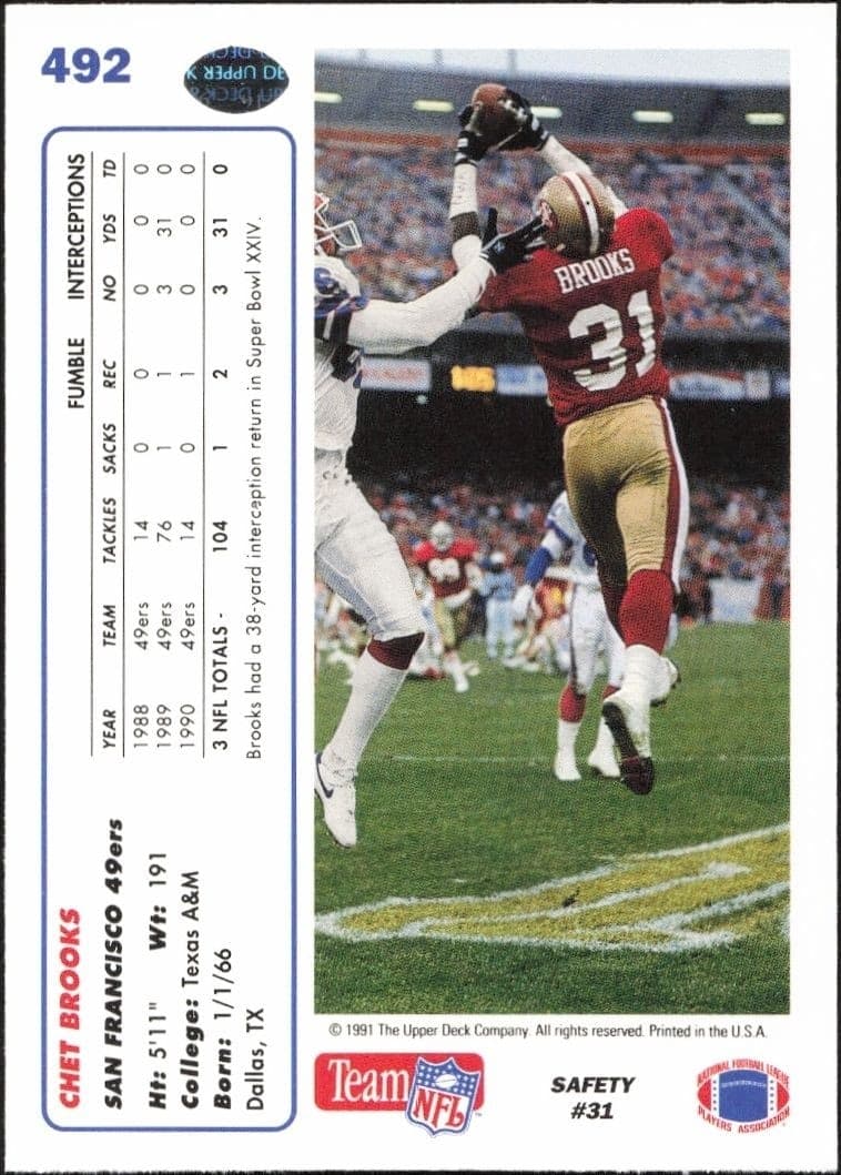 1991 Upper Deck Chet Brooks #492 football trading card back