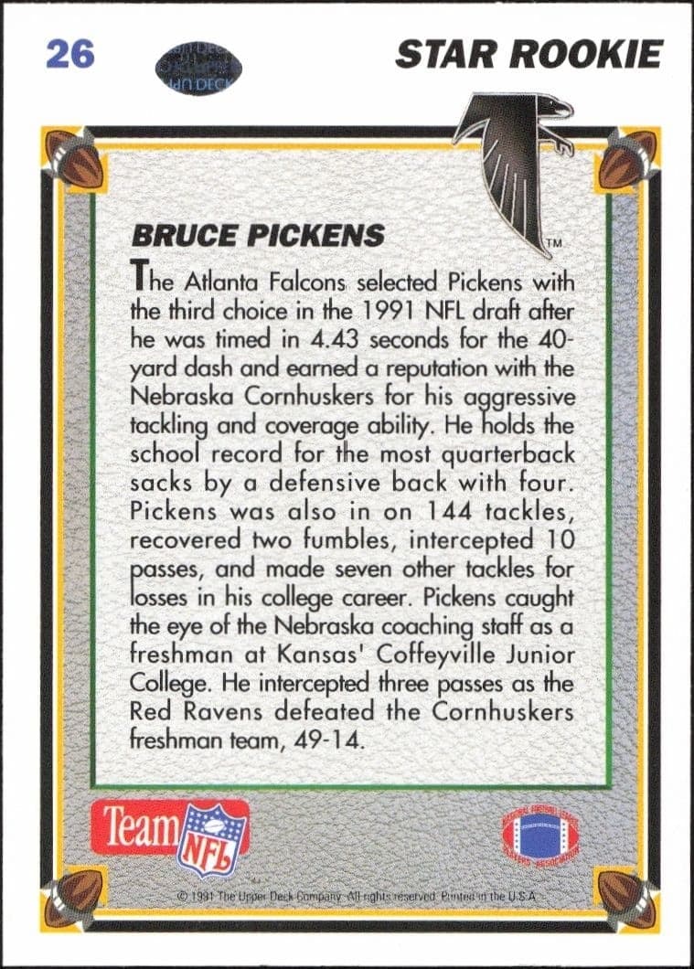 1991 Upper Deck Bruce Pickens #26 football trading card back