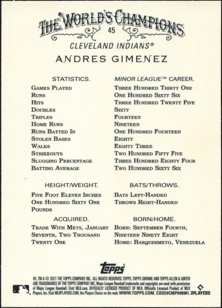 2021 Topps Allen & Ginter Chrome Andres Gimenez #45 baseball trading card back