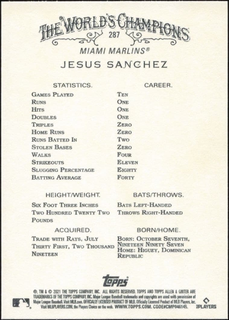 2021 Topps Allen & Ginter Jesus Sanchez #287 baseball trading card back