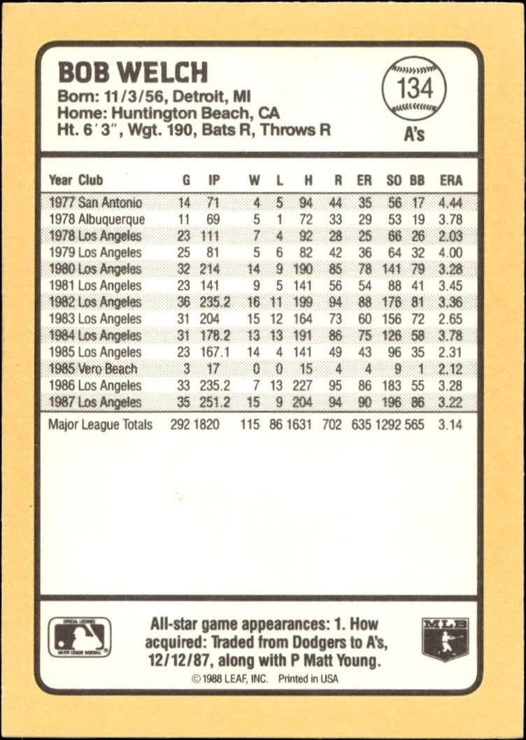 1988 Donruss Baseball's Best Bob Welch #134 baseball trading card back