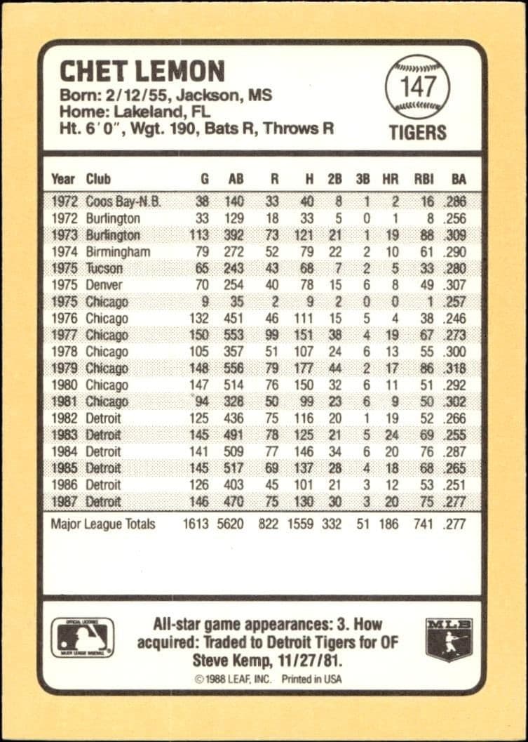 1988 Donruss Baseball's Best Chet Lemon #147 baseball trading card back