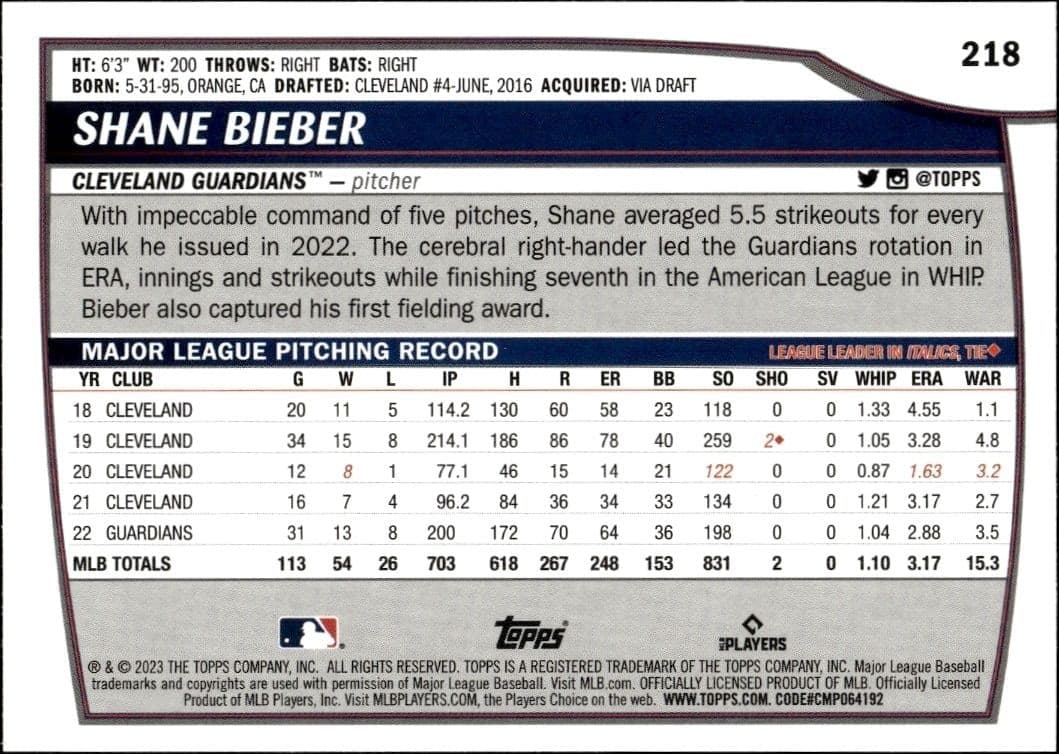 2023 Topps Big League Shane Bieber #218 baseball trading card back