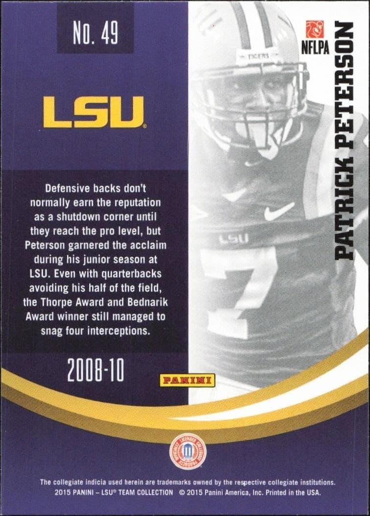 2015 Panini Lsu Team Collection Patrick Peterson #49 football trading card back