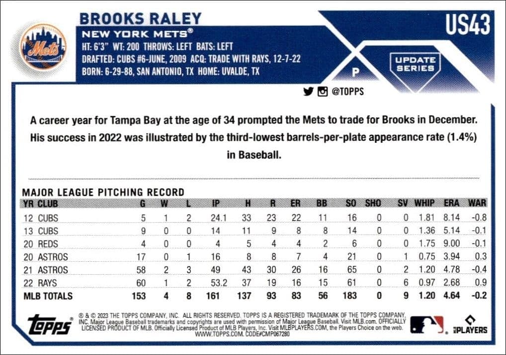 2023 Topps Update Brooks Raley #US43 baseball trading card back