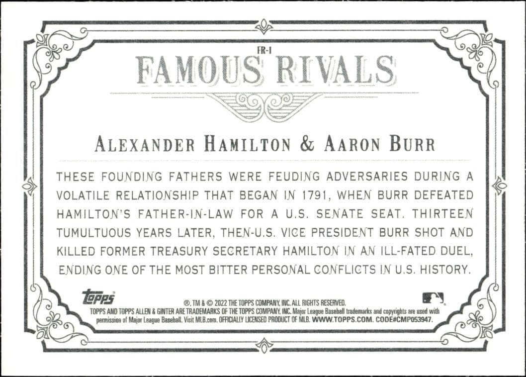 2022 Topps Allen & Ginter Alexander Hamilton #FR-1 baseball trading card back