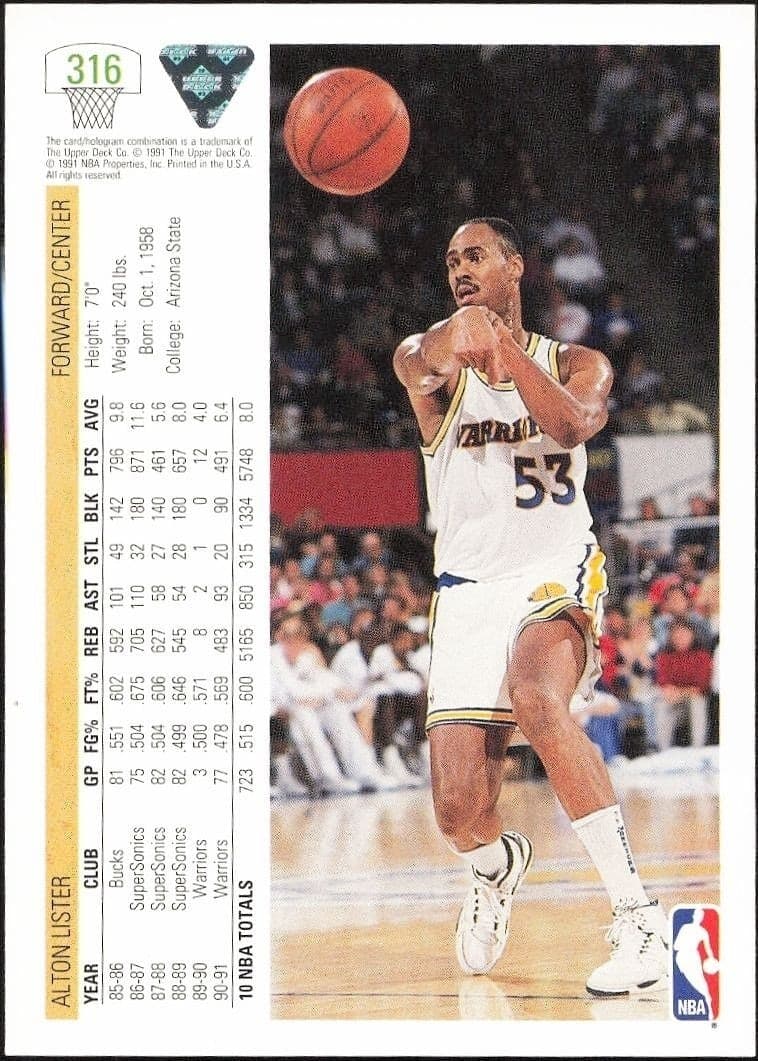 1991-92 Upper Deck Alton Lister #316 basketball trading card back